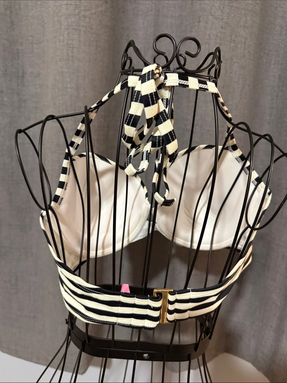 Victoria's Secret Black & White Striped Halter Bikini Top 34 DD